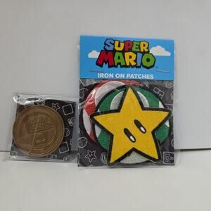 Super Mario Iron On Patch Set Star Mushroom + Rare Collector Coin Lot Nintendo